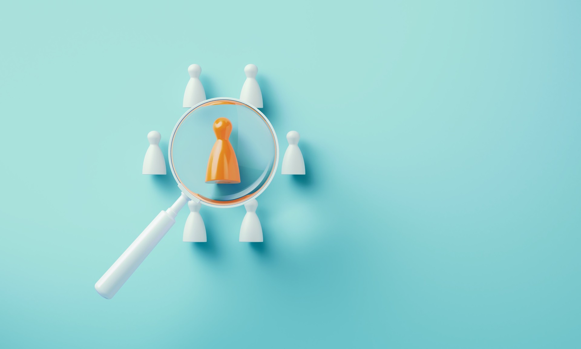 White Magnifying Glass And Human Shaped Pawns On Blue Background - Recruitment Concept